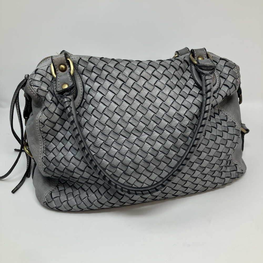 Sundance Gray Woven Leather Satchel Bag Shoulder Tote Brass Hardware Distressed